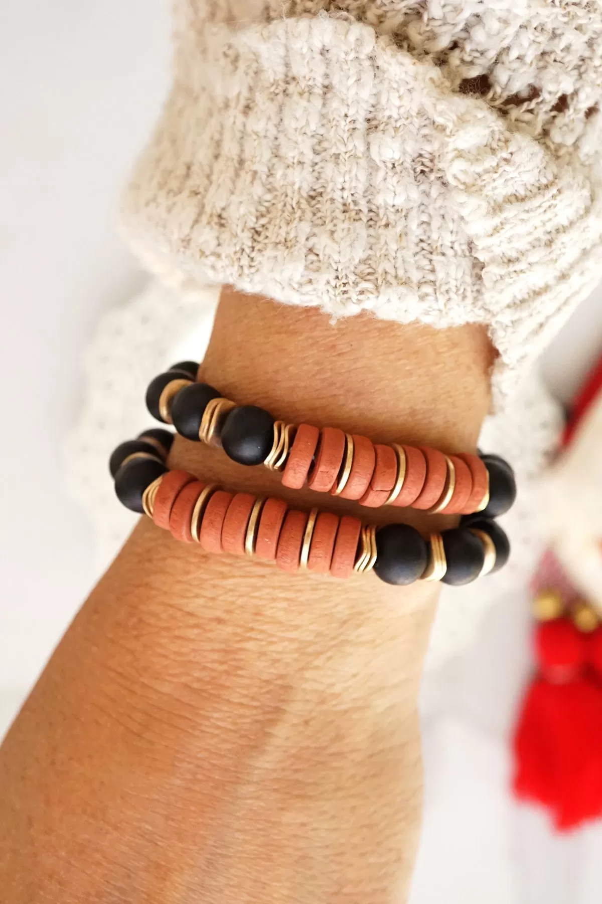 Bracelet Stack of 2 pieces Black and Rust Wooden beads