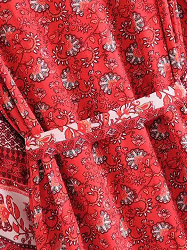 Bride To Be Floral Print Red Cotton Viscose Long Length Gown Kimono