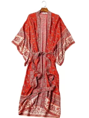 Bride To Be Floral Print Red Cotton Viscose Long Length Gown Kimono