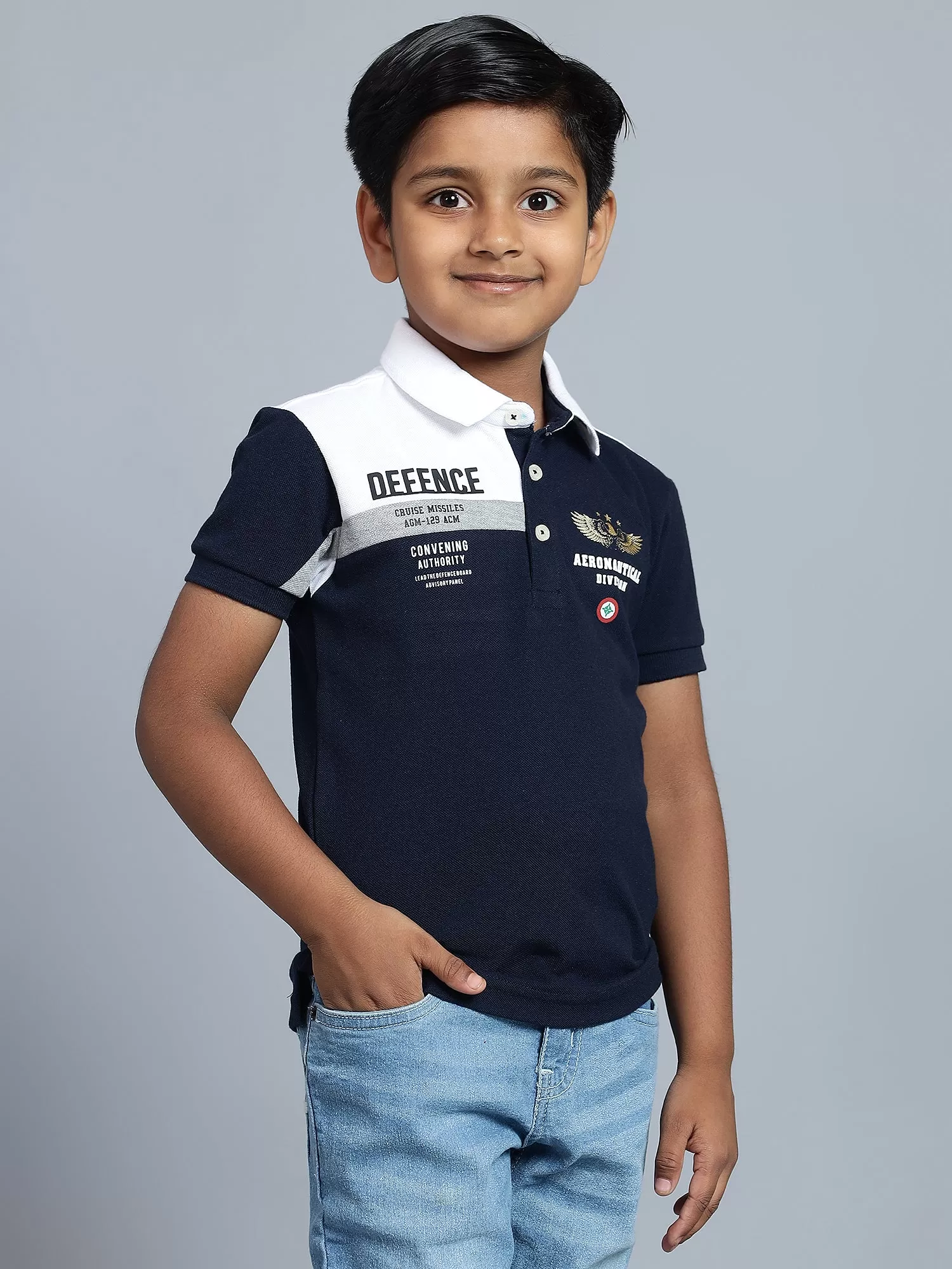 Cantabil Boy's Navy Blue Color Block Polo Neck T-shirt