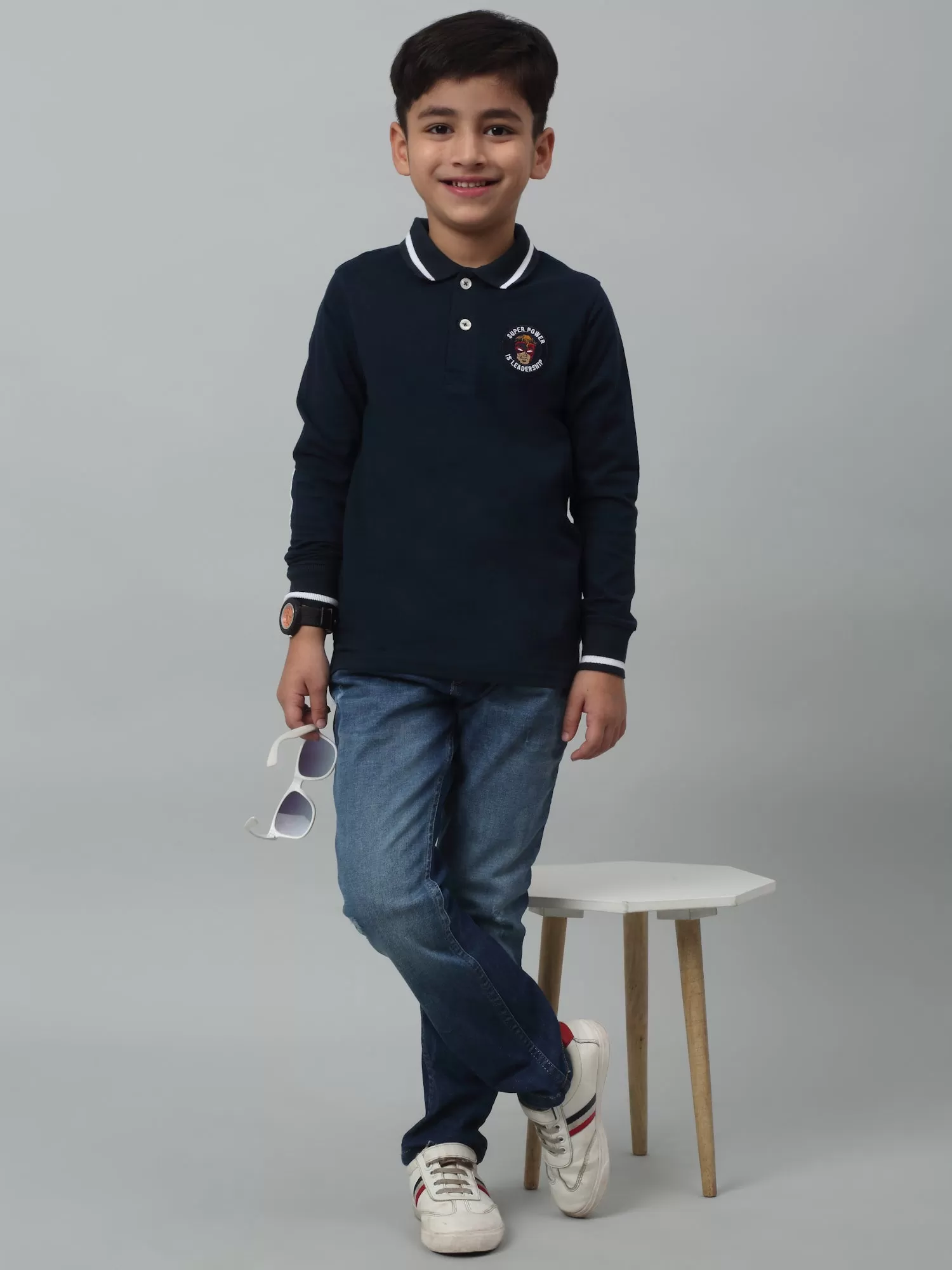 Cantabil Boys Navy Blue Solid Full Sleeves Casual Cotton T-Shirt