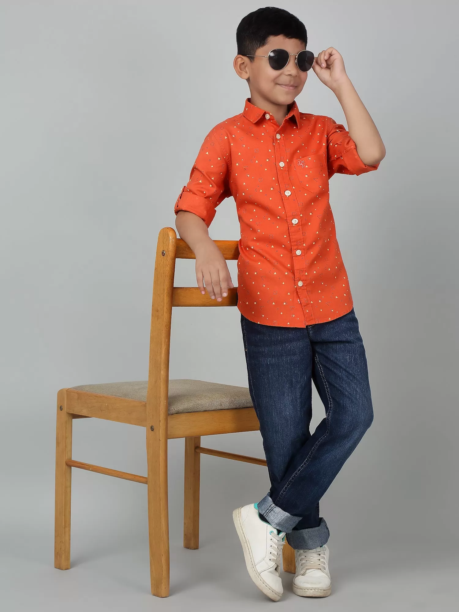 Cantabil Boy's Orange Printed Full Sleeves Shirt