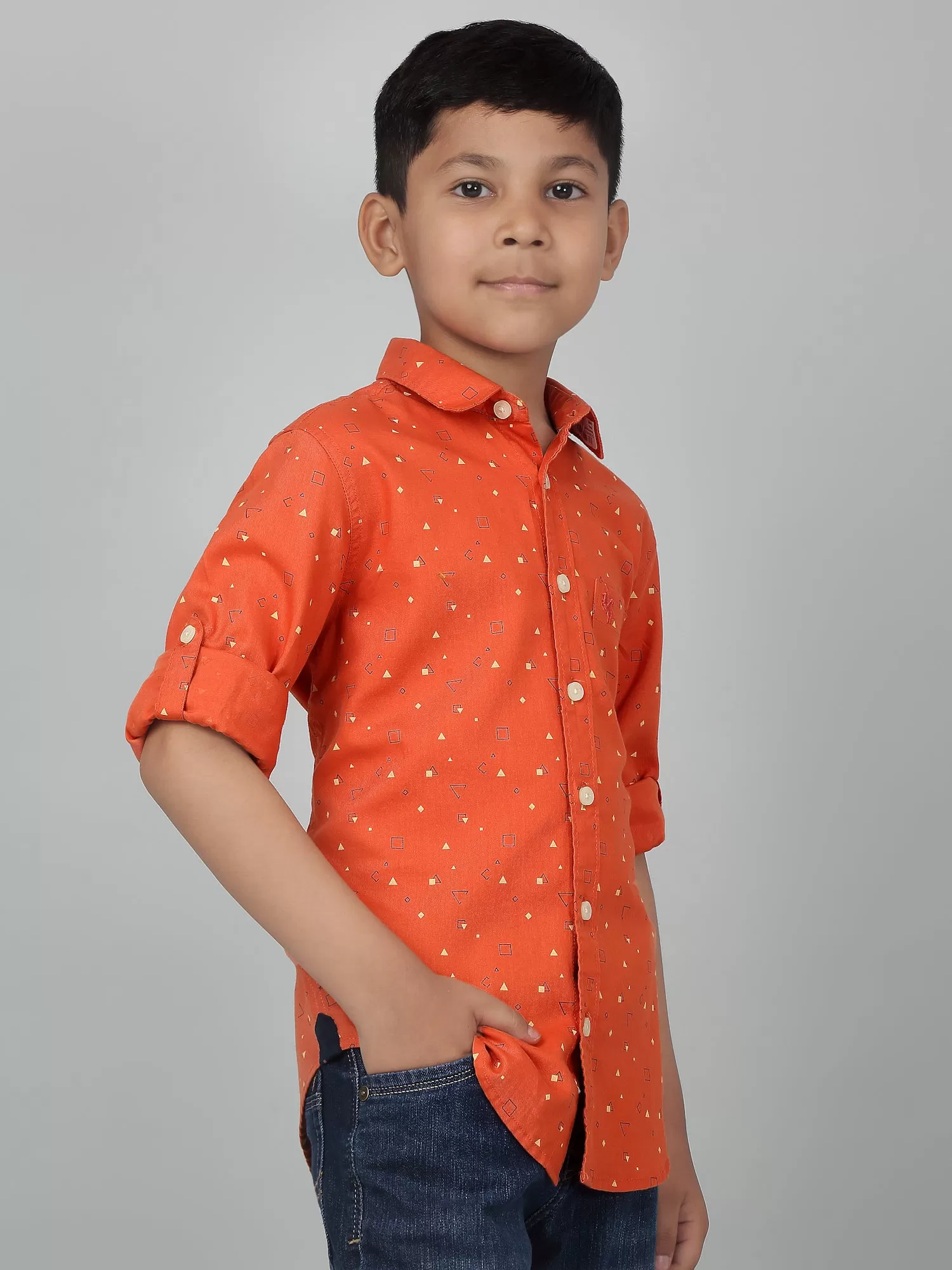 Cantabil Boy's Orange Printed Full Sleeves Shirt