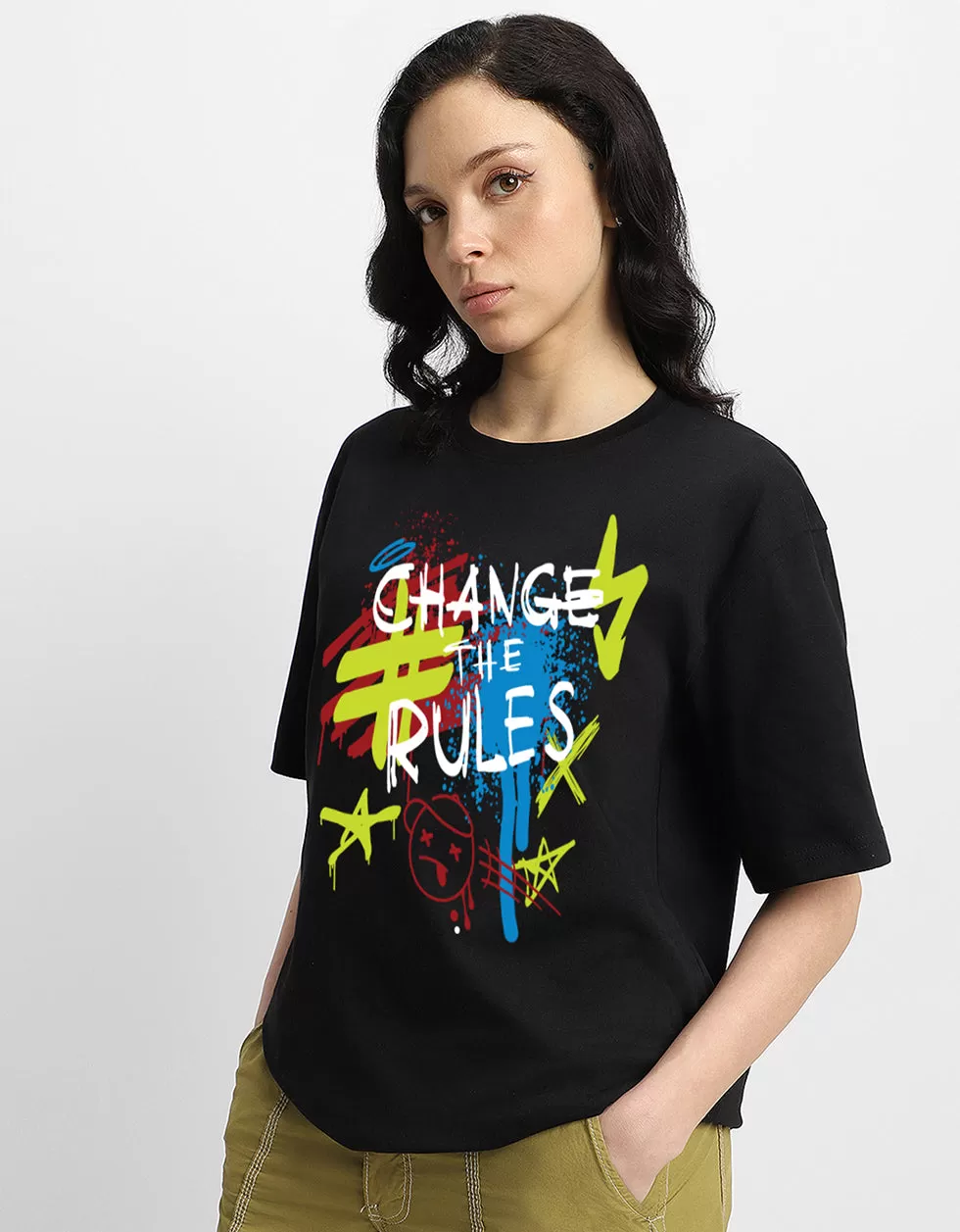 CHANGE THE RULE Women Black Oversized Front Typographic Printed Tshirt