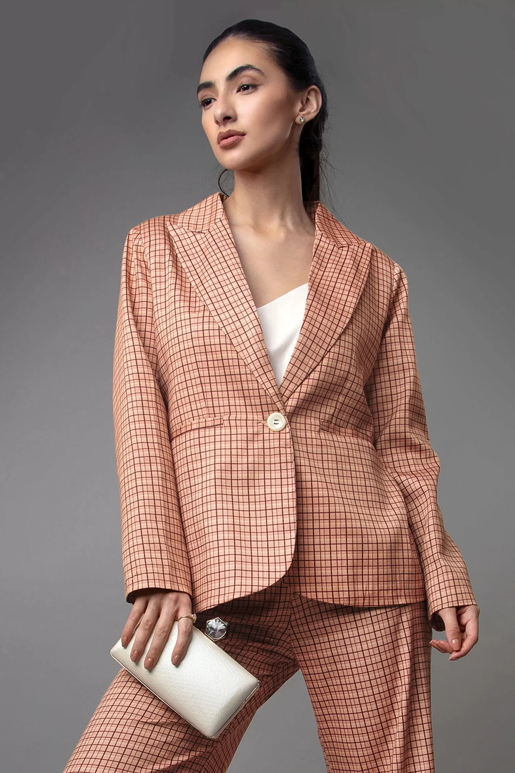 Checks Notched Collar Luxe Blazer