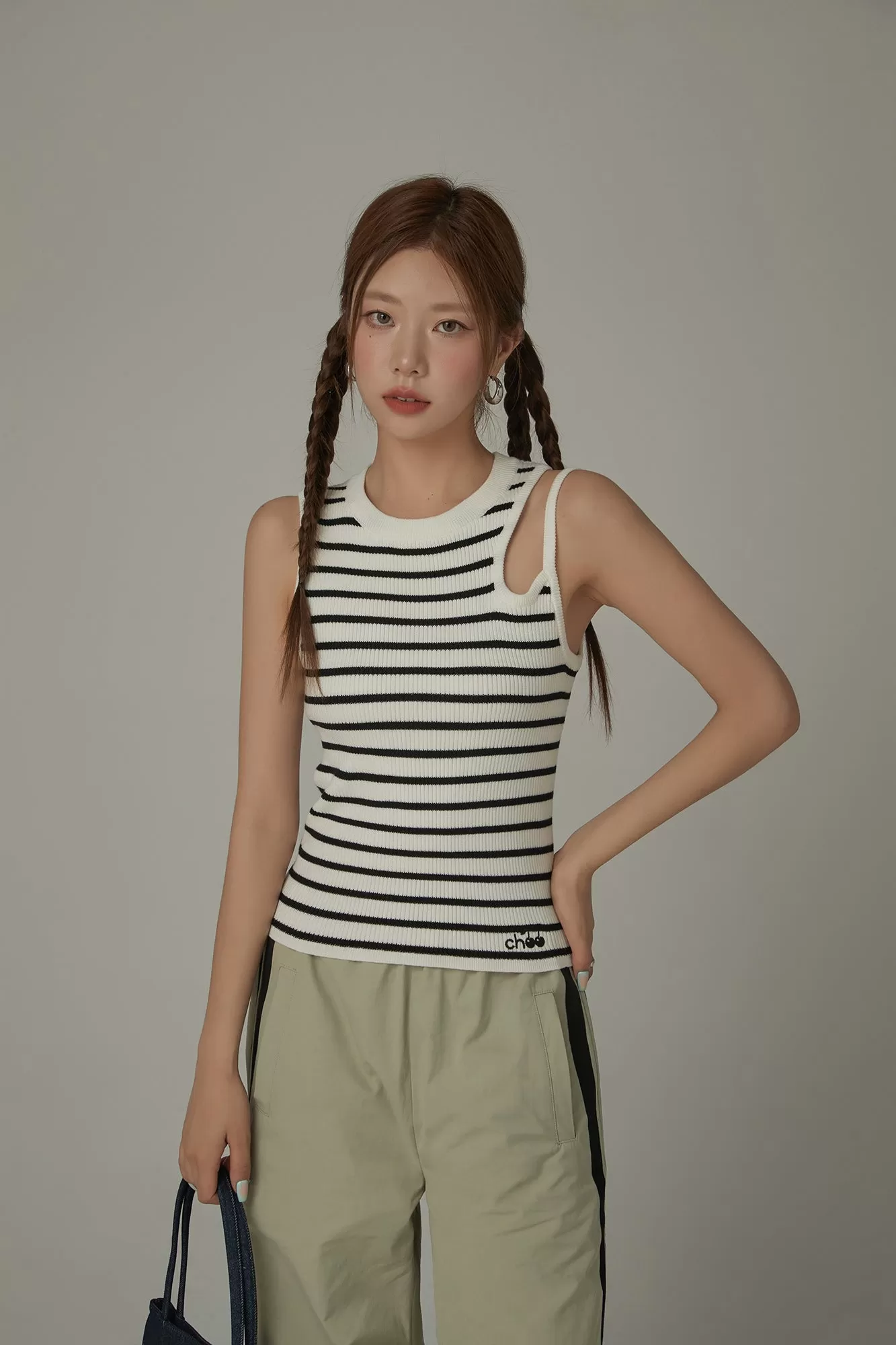 Cherry Ribbed Shoulder Cutout Sleeveless Top