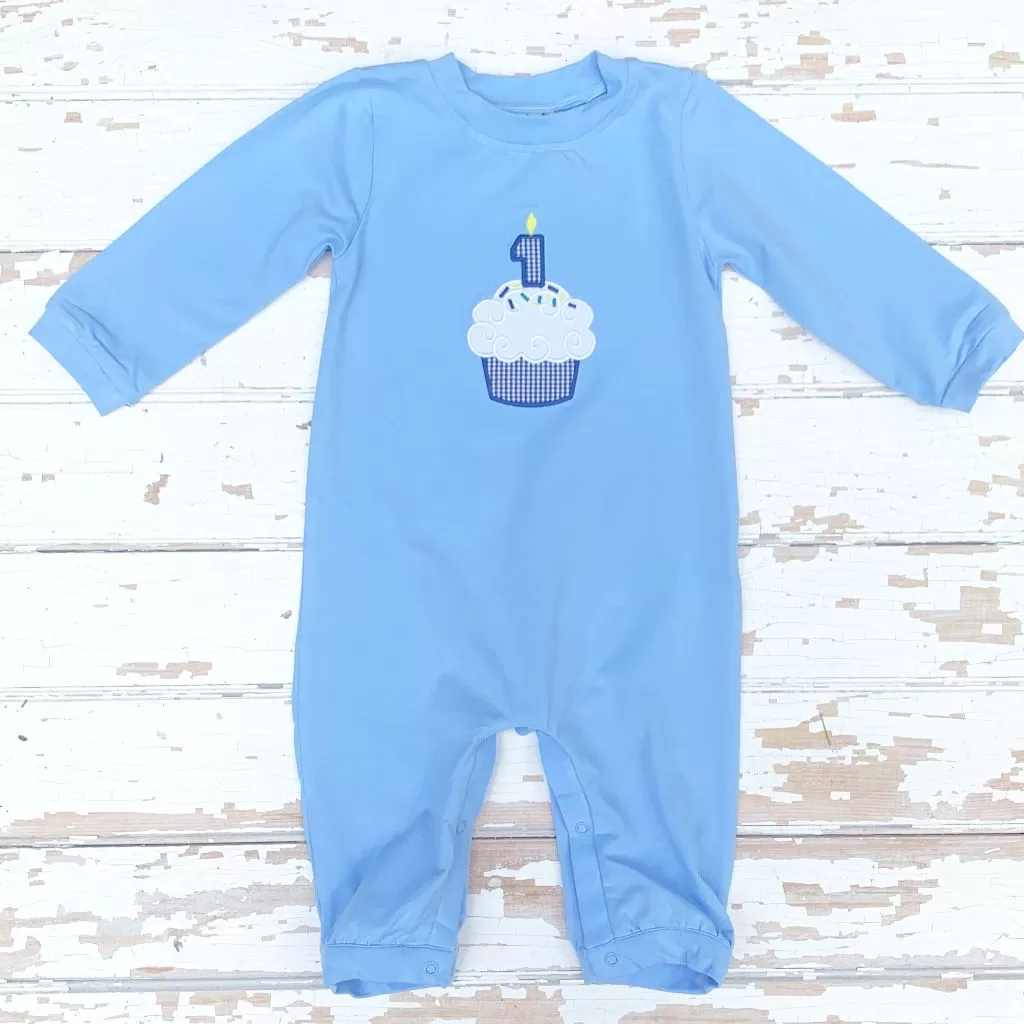 Cupcake Appliqué Blue Knit Romper