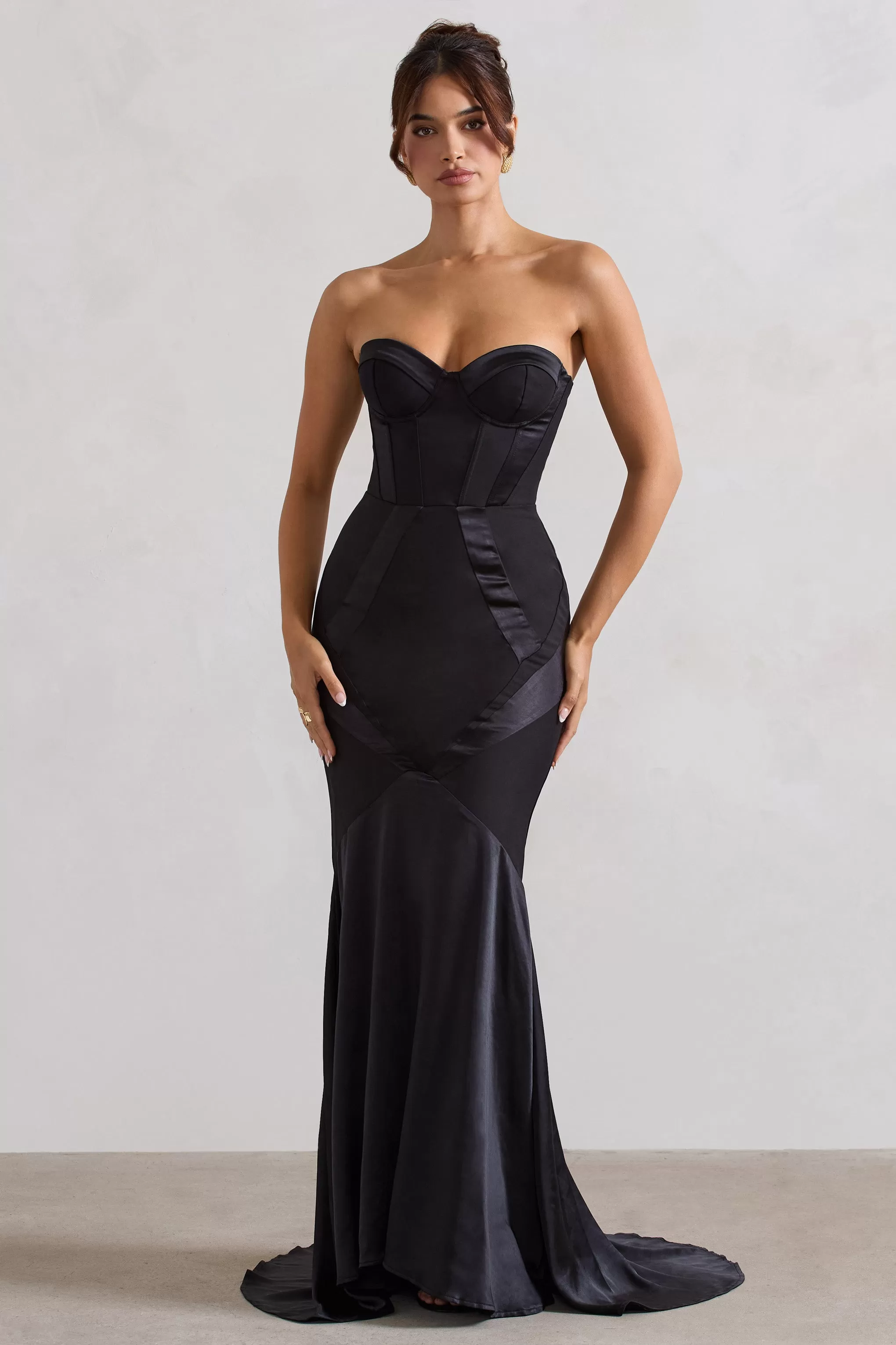 Custom | Black Satin Sweetheart Corset Fishtail Maxi Dress