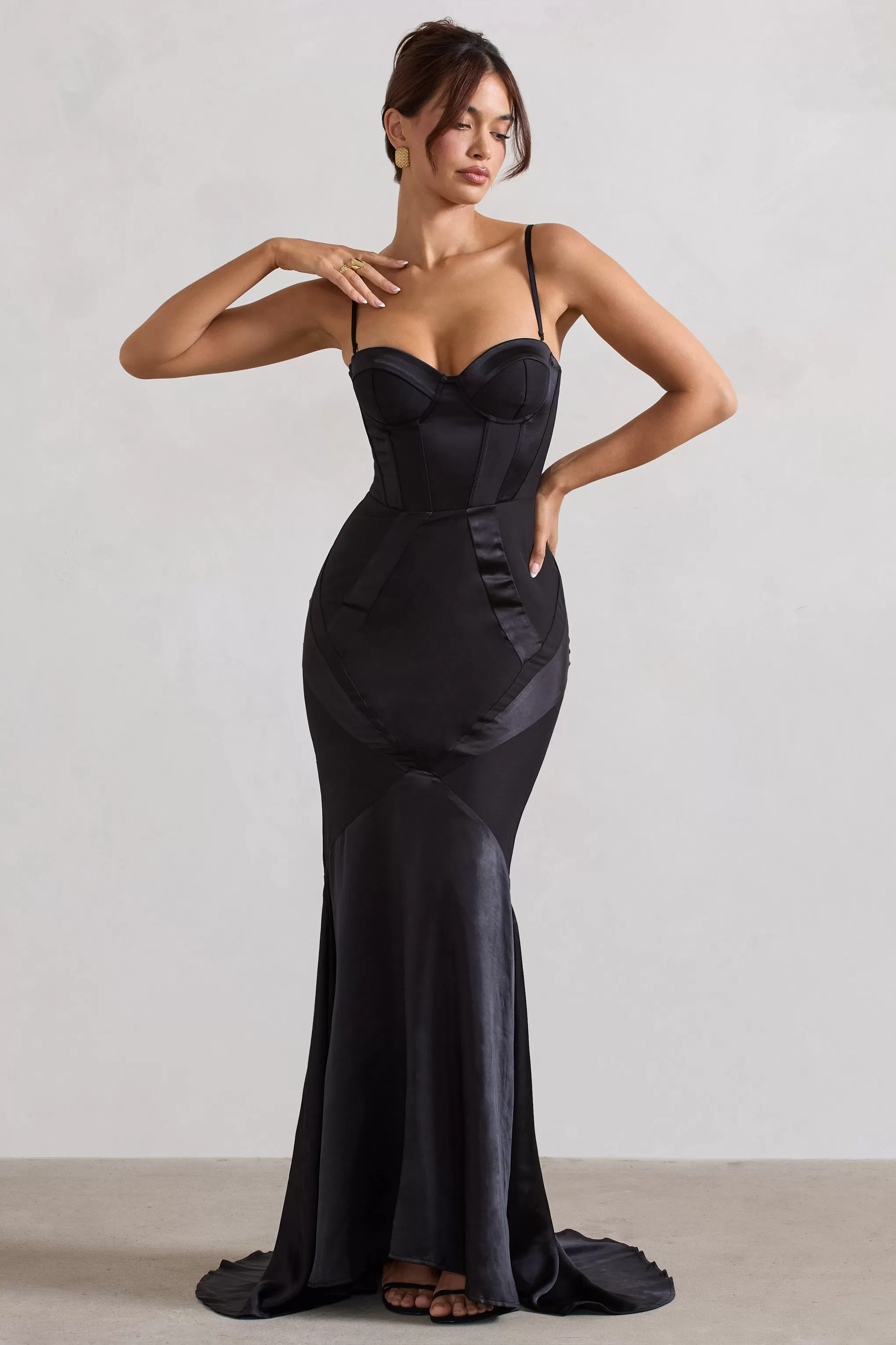 Custom | Black Satin Sweetheart Corset Fishtail Maxi Dress