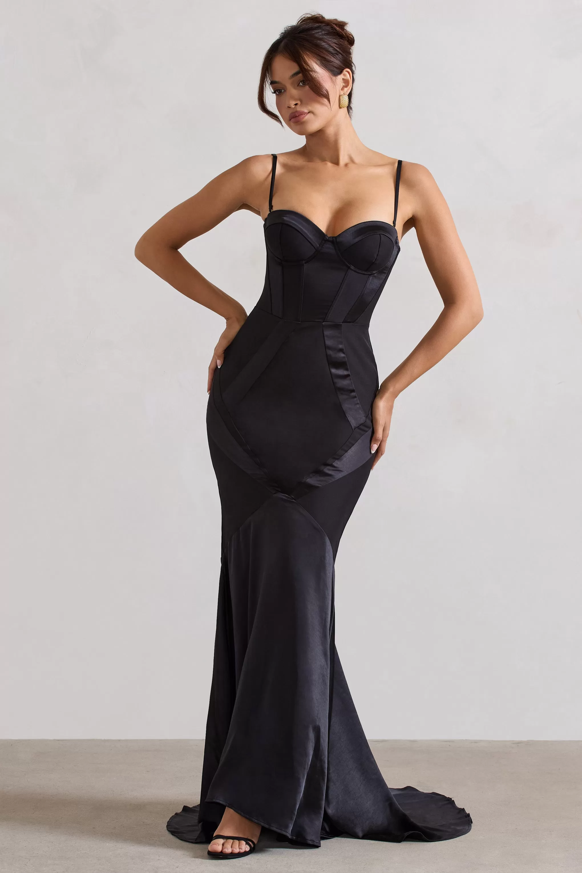 Custom | Black Satin Sweetheart Corset Fishtail Maxi Dress