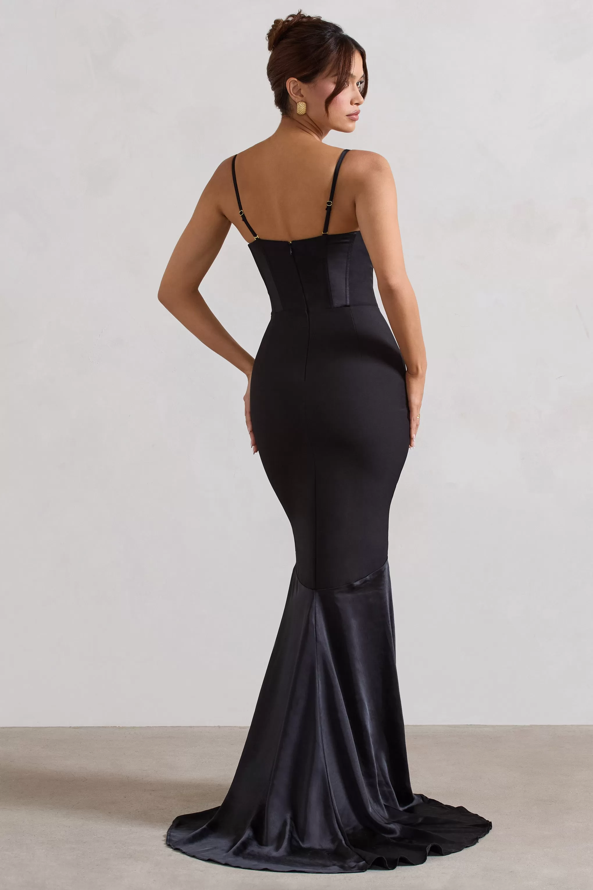 Custom | Black Satin Sweetheart Corset Fishtail Maxi Dress