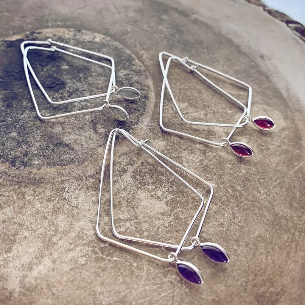 dewdrop II // sterling silver & gemstone modern teardrop hoop earrings