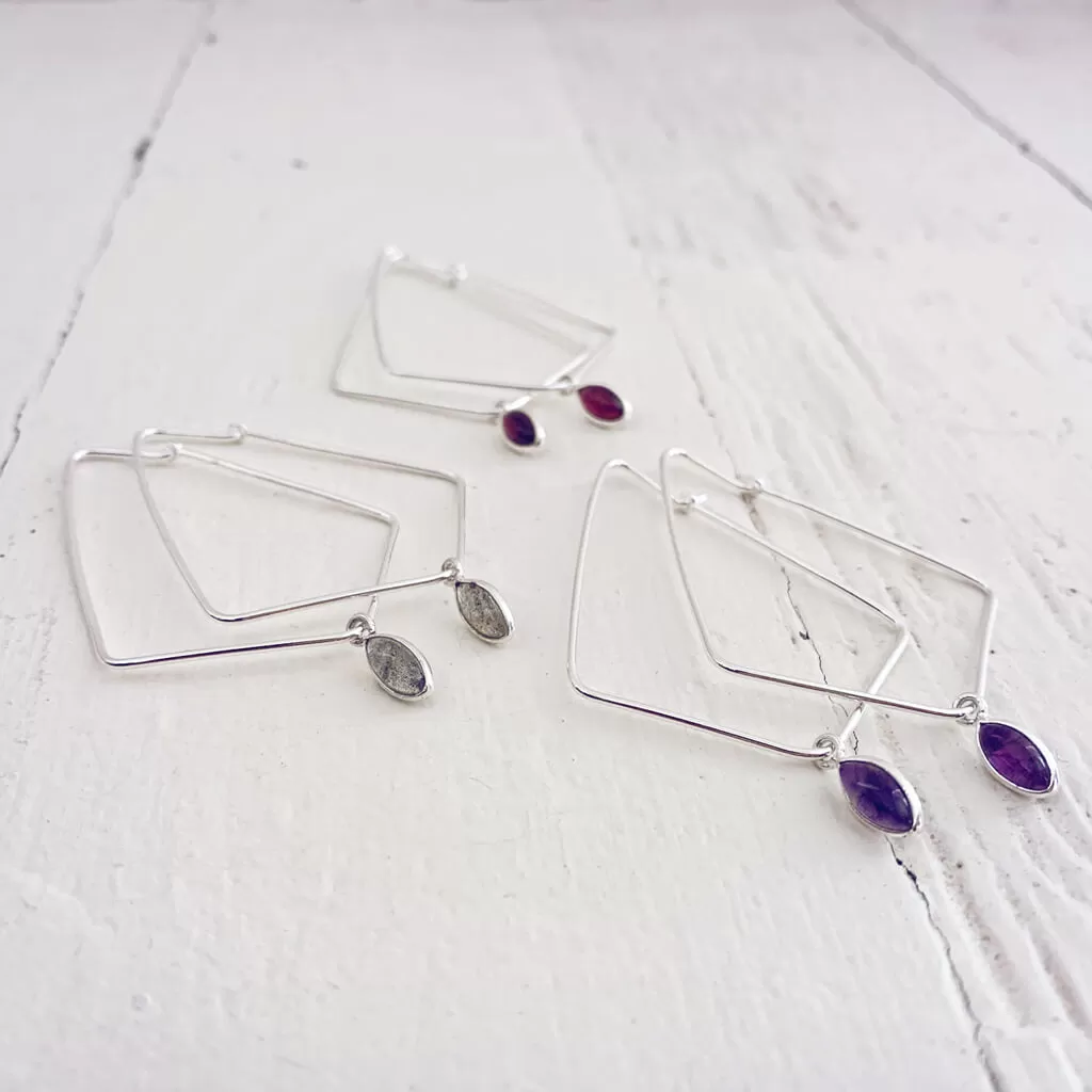 dewdrop II // sterling silver & gemstone modern teardrop hoop earrings