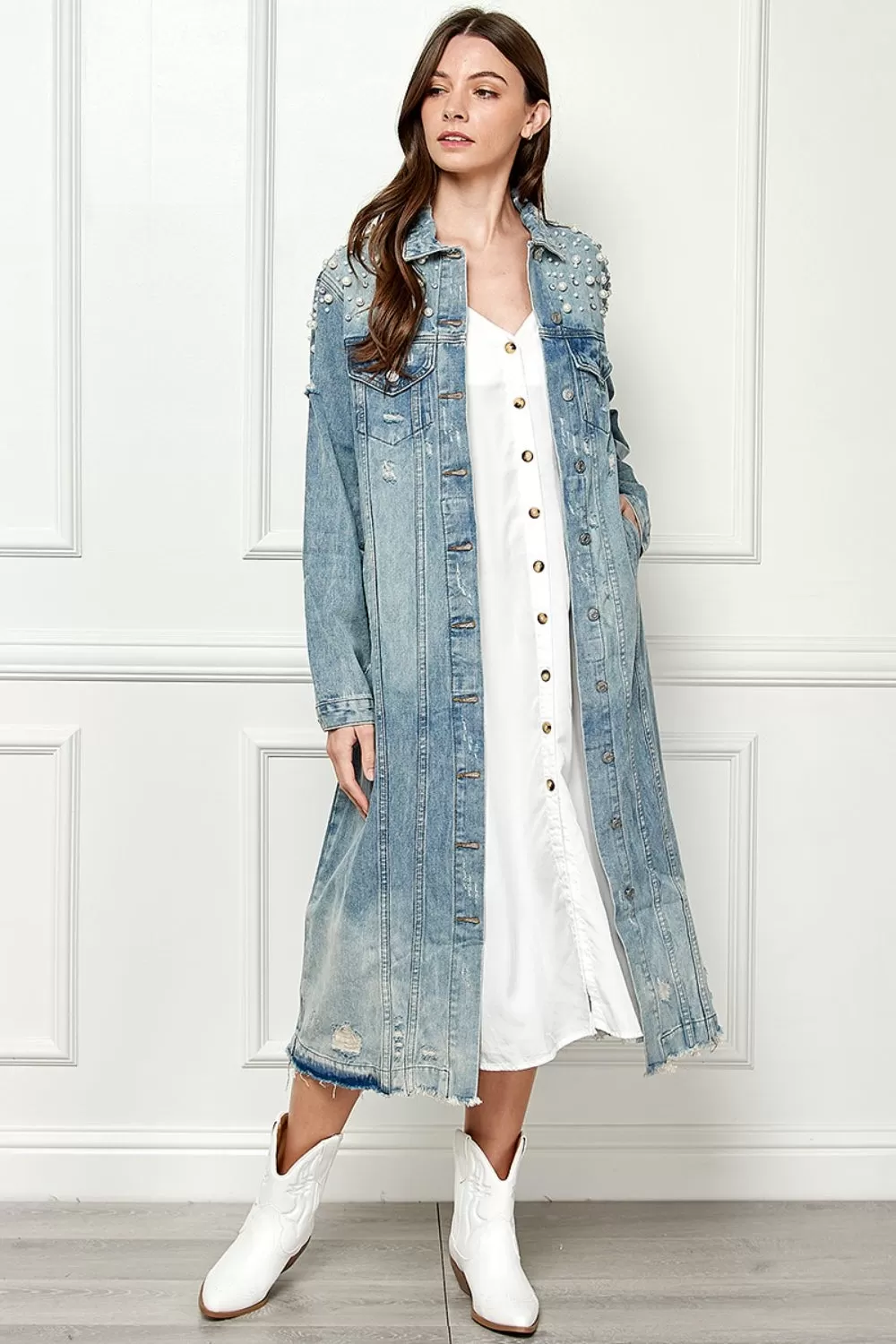 Distressed Pearl Detail Denim Jacket