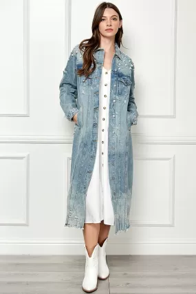 Distressed Pearl Detail Denim Jacket