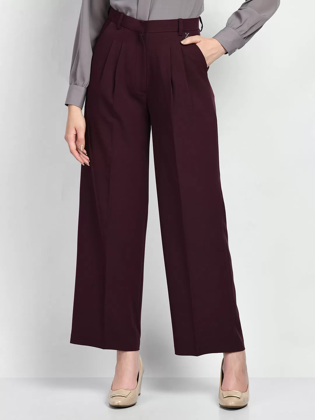 Exude Influence Solid Wide Leg Trousers (Wine)