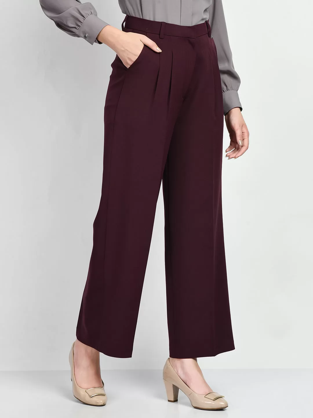 Exude Influence Solid Wide Leg Trousers (Wine)