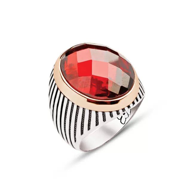 Facet Cut Red Zircon Stone Ellipse Silver Men’s Ring Siding Striped Pattern