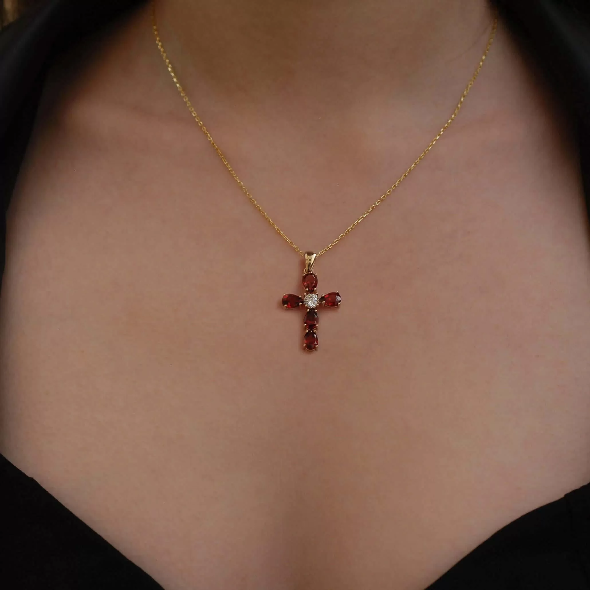 Garnet Cross Necklace | 14K Solid Gold