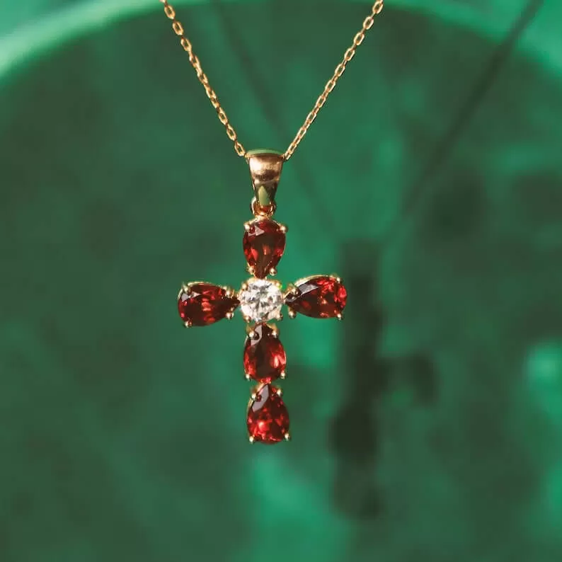 Garnet Cross Necklace | 14K Solid Gold