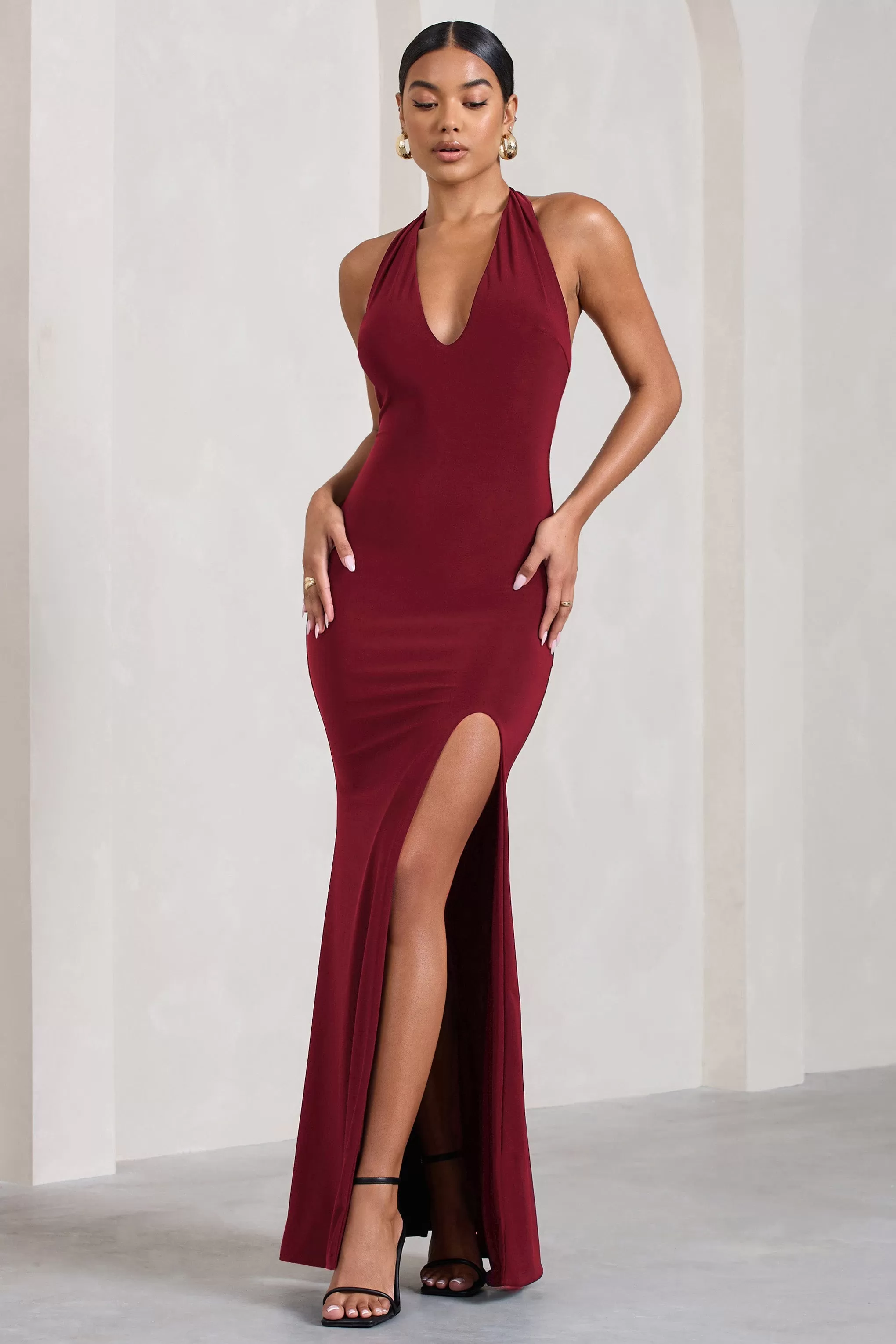 Glamour | Berry Backless V Plunge Halter Neck Maxi Dress With Side Split