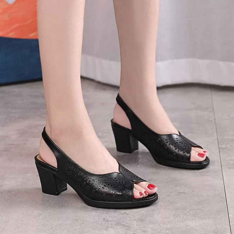 GQ249 Elegant Leather Thick-Heeled Sandals - Women's Casual Shoes