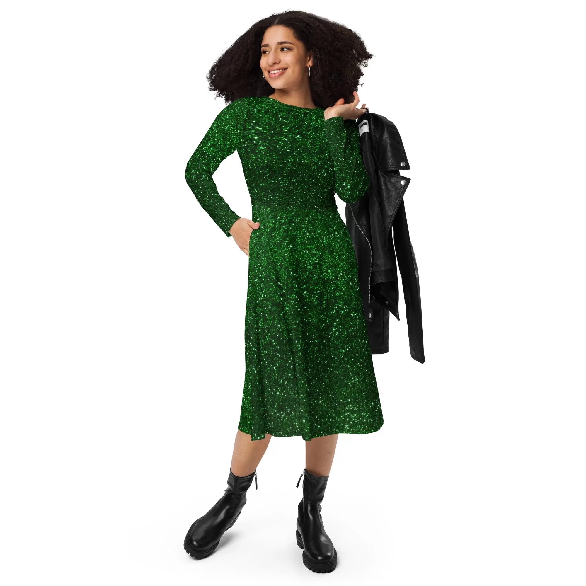 Green Dress For Women / Long Sleeve Midi Dress