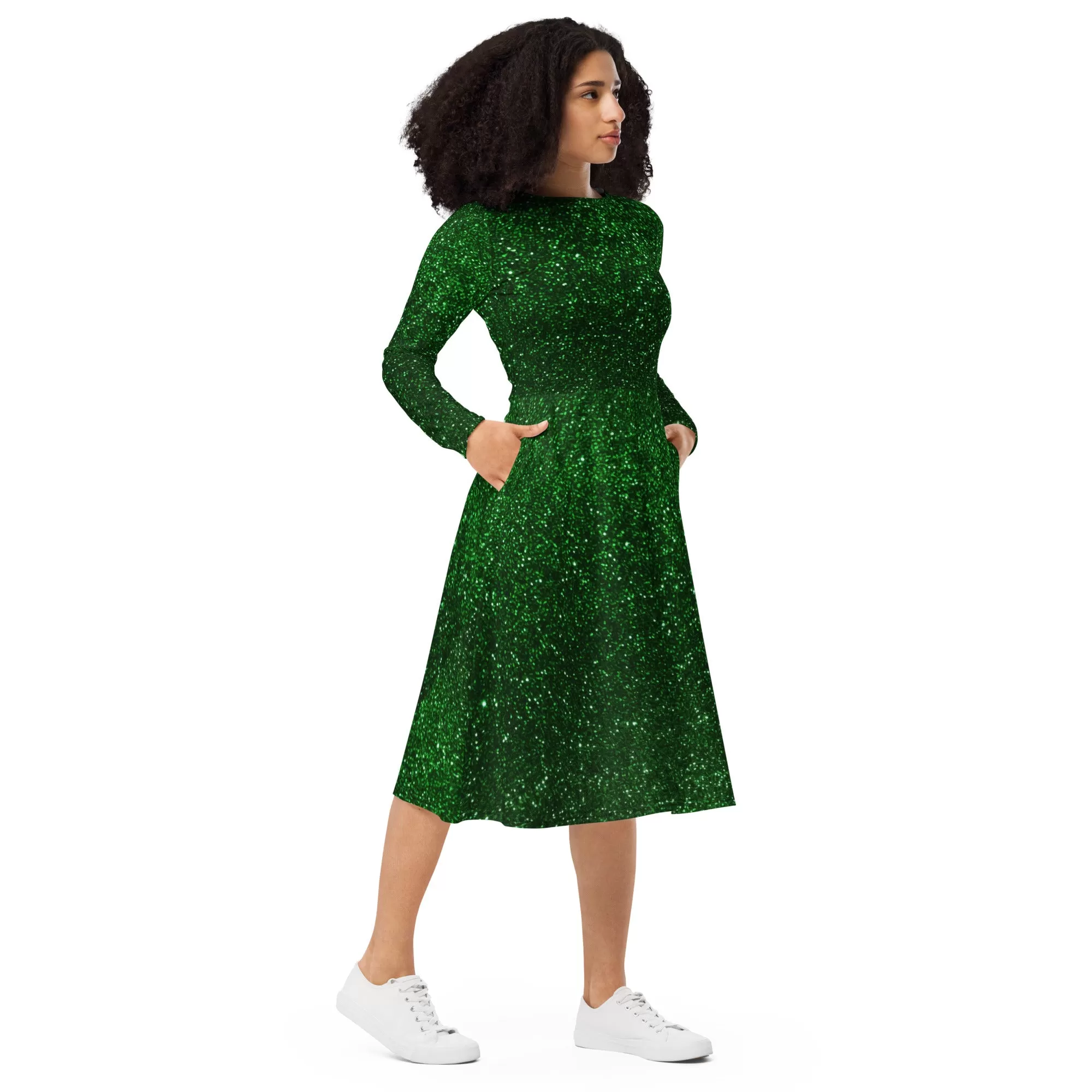 Green Dress For Women / Long Sleeve Midi Dress