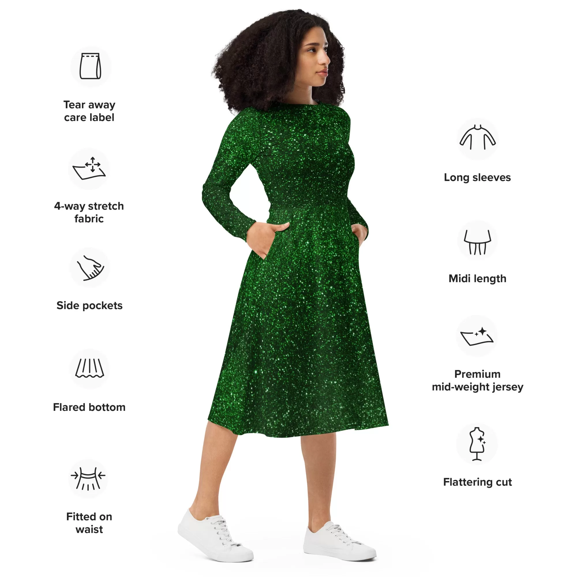 Green Dress For Women / Long Sleeve Midi Dress