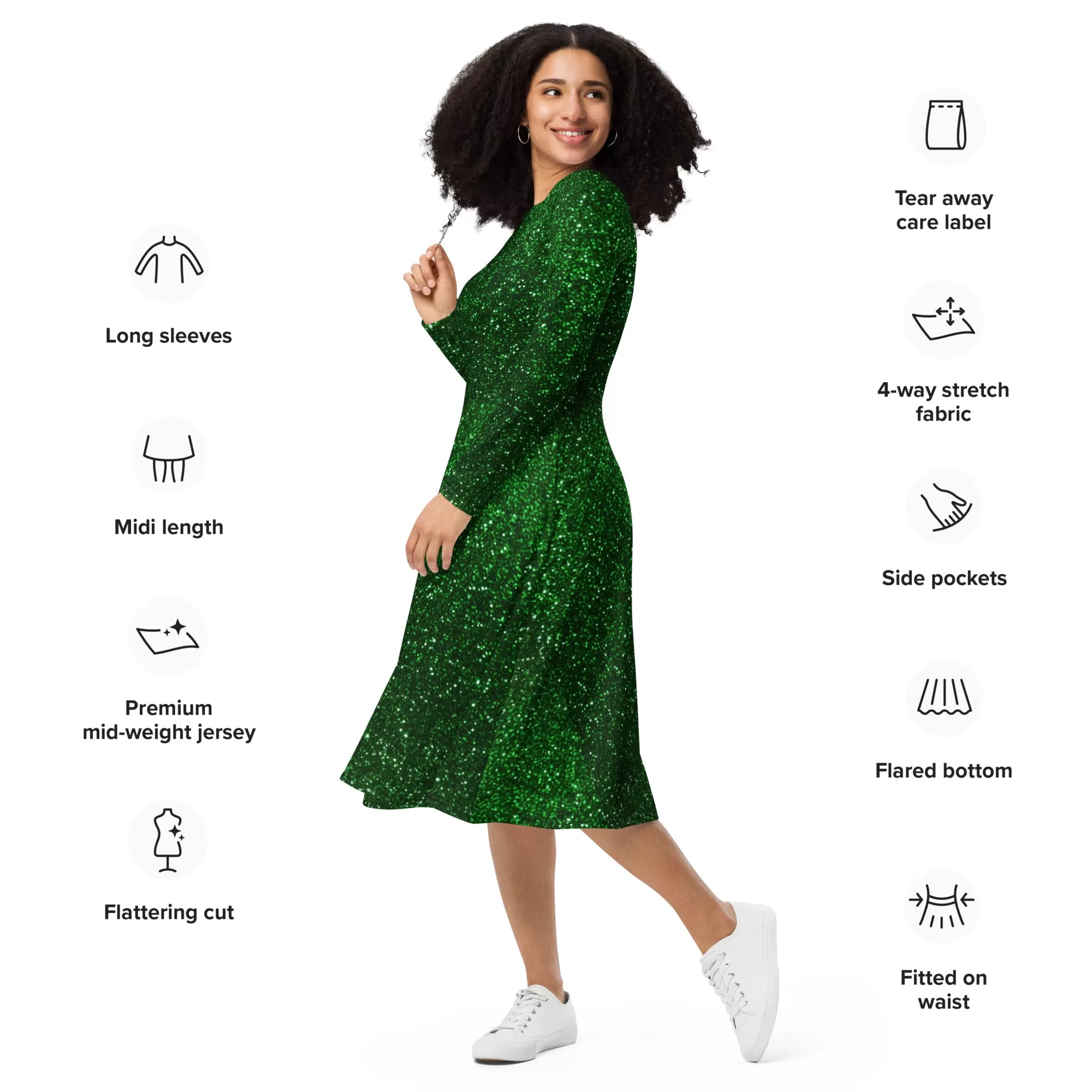 Green Dress For Women / Long Sleeve Midi Dress