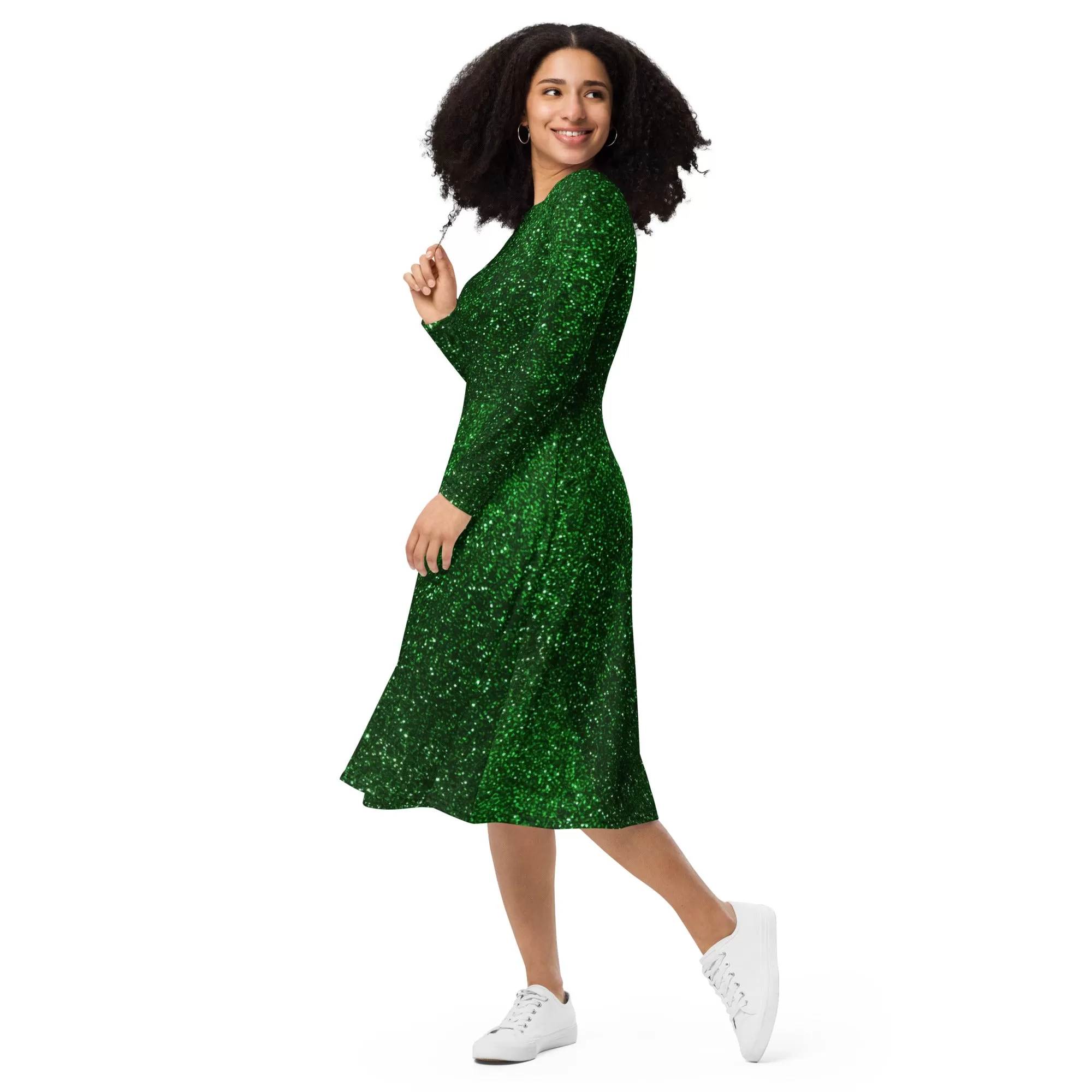 Green Dress For Women / Long Sleeve Midi Dress