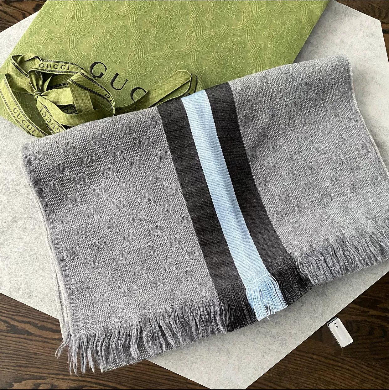 Gucci Grey and Blue Stripe Monogram Long Scarf