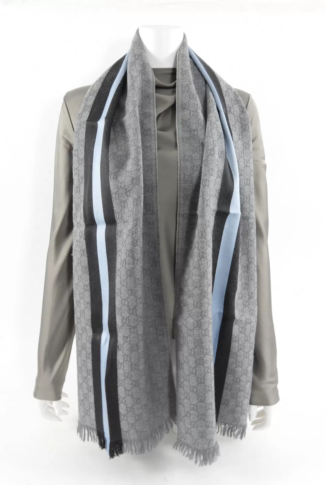 Gucci Grey and Blue Stripe Monogram Long Scarf