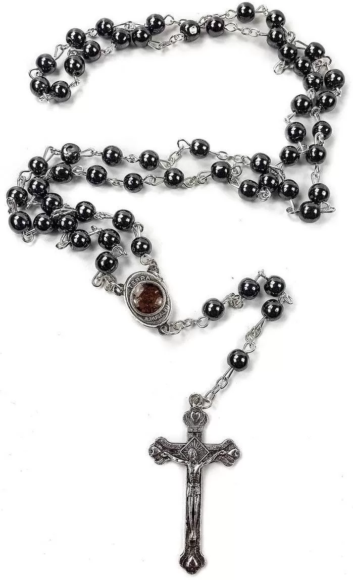 Hematite Rosary Black Stone Beads Necklace With Jerusalem Holy Soil and Cross