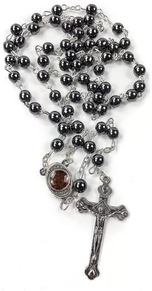 Hematite Rosary Black Stone Beads Necklace With Jerusalem Holy Soil and Cross