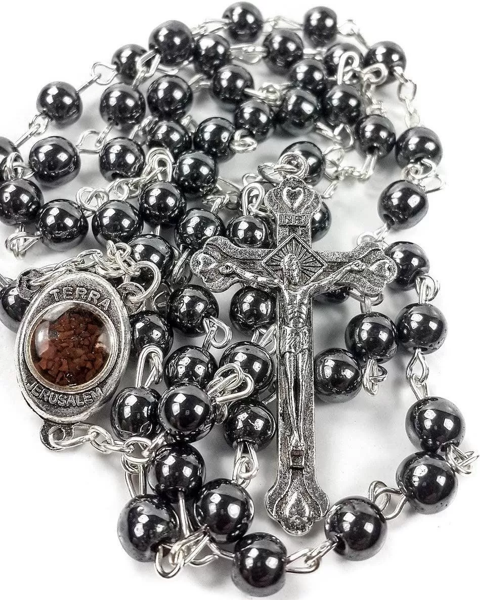 Hematite Rosary Black Stone Beads Necklace With Jerusalem Holy Soil and Cross