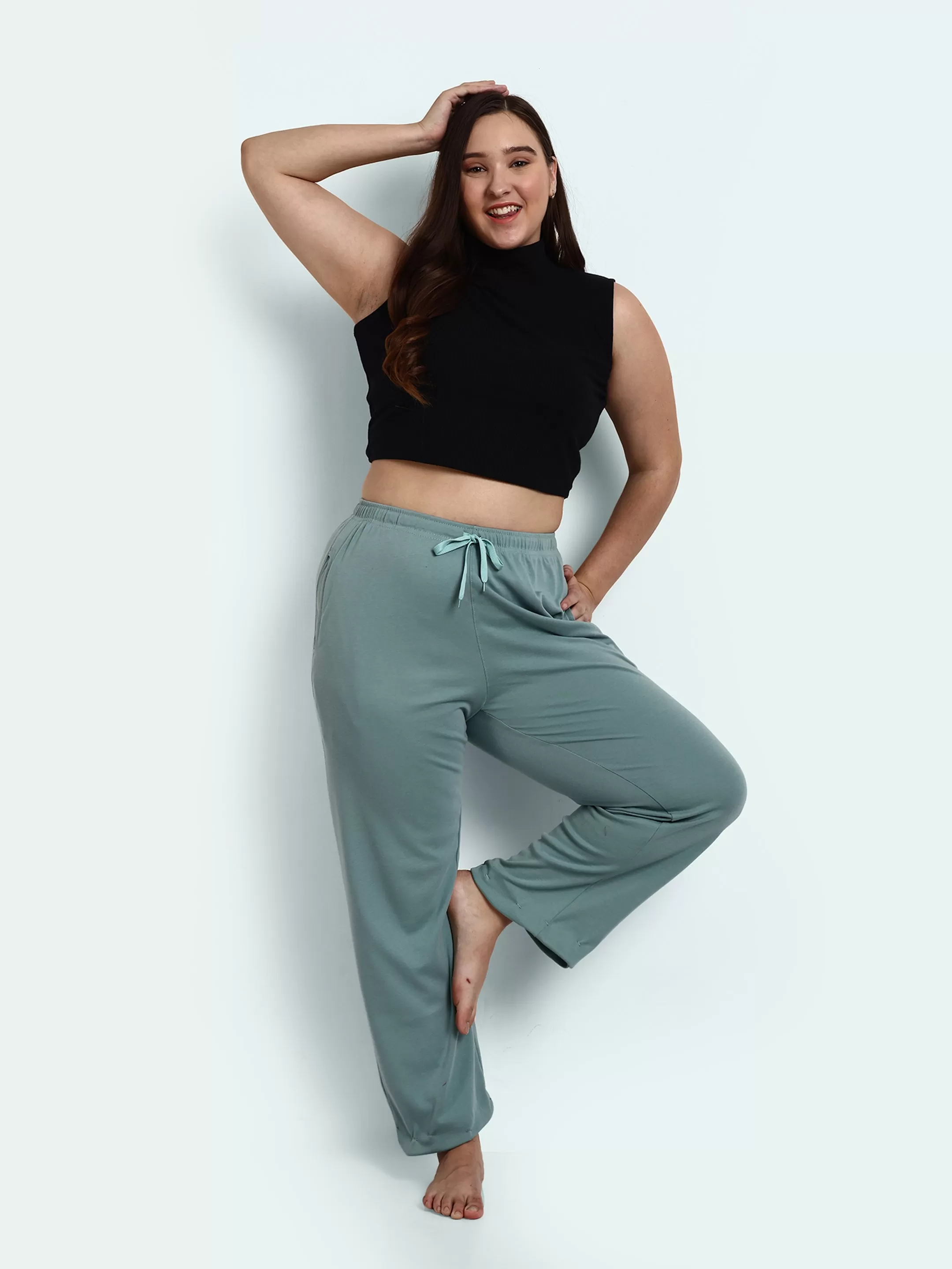 High Rise Cotton Straight Sage Trackpants(Available in Plus Size)