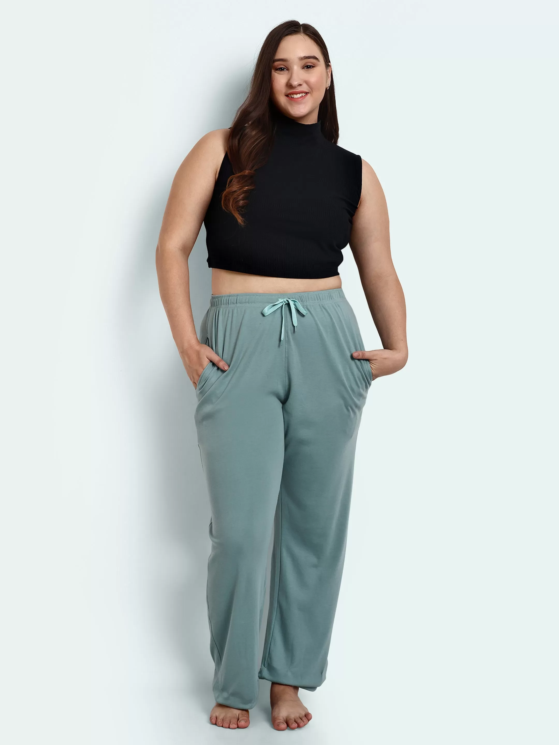 High Rise Cotton Straight Sage Trackpants(Available in Plus Size)