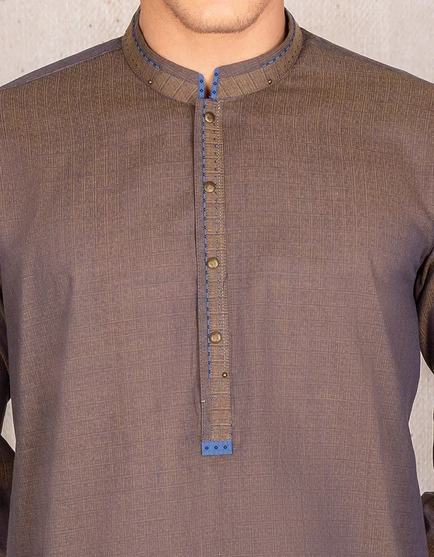 J. Mens Brown Jacquard Casual 2-Piece Kurta   Trouser