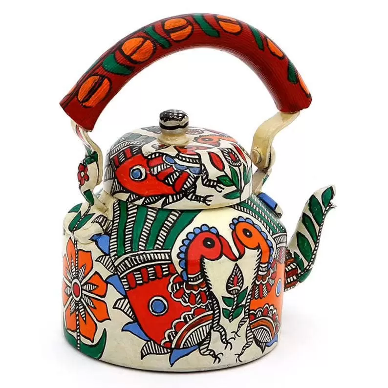 Kaushalam Hand Painted Tea Kettle : Peacocks in Madhubani art form, Indian tea pot, Indian art