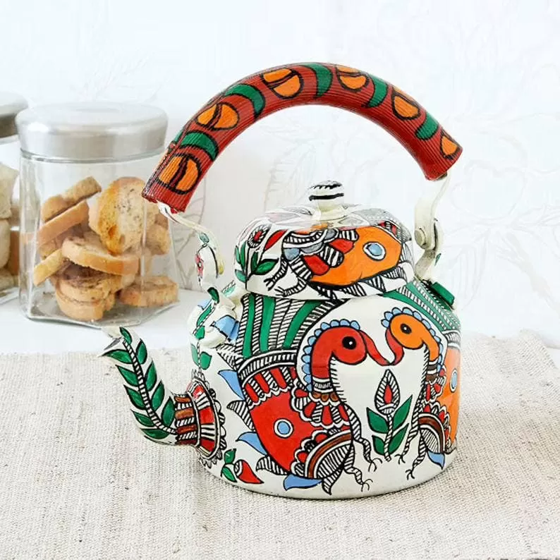 Kaushalam Hand Painted Tea Kettle : Peacocks in Madhubani art form, Indian tea pot, Indian art