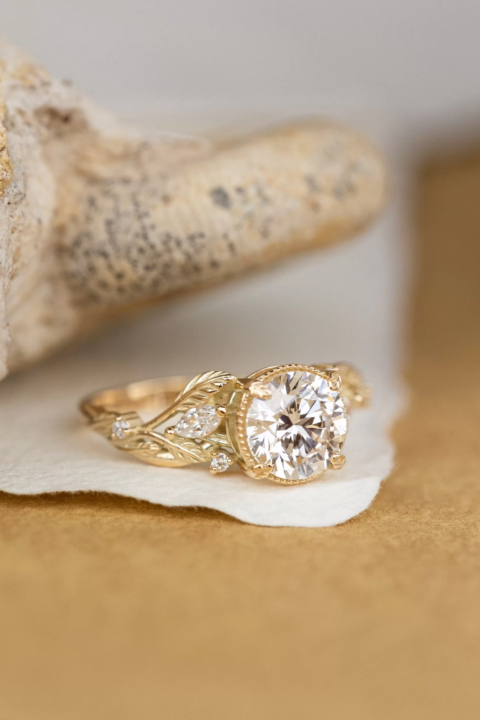 Lab grown diamond engagement ring, gold nature inspired ring with leaves and diamonds / Patricia