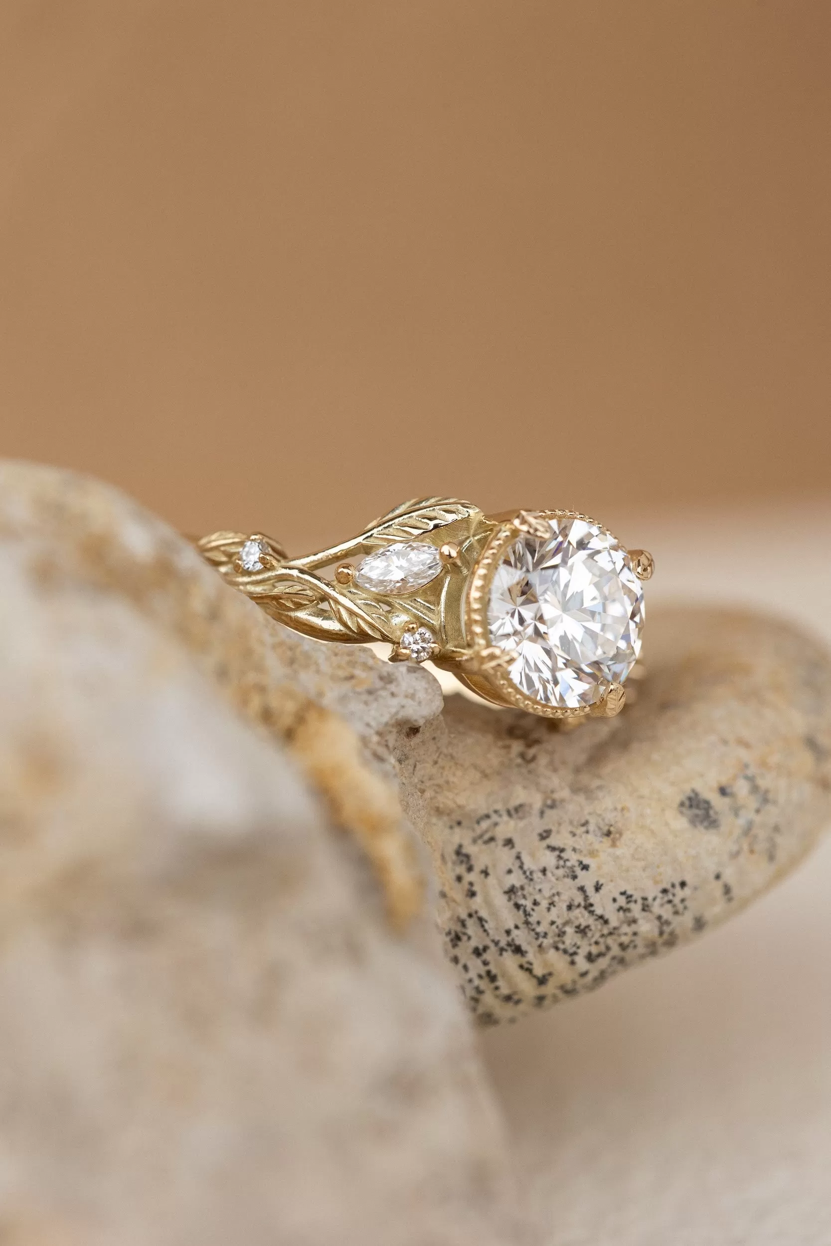 Lab grown diamond engagement ring, gold nature inspired ring with leaves and diamonds / Patricia