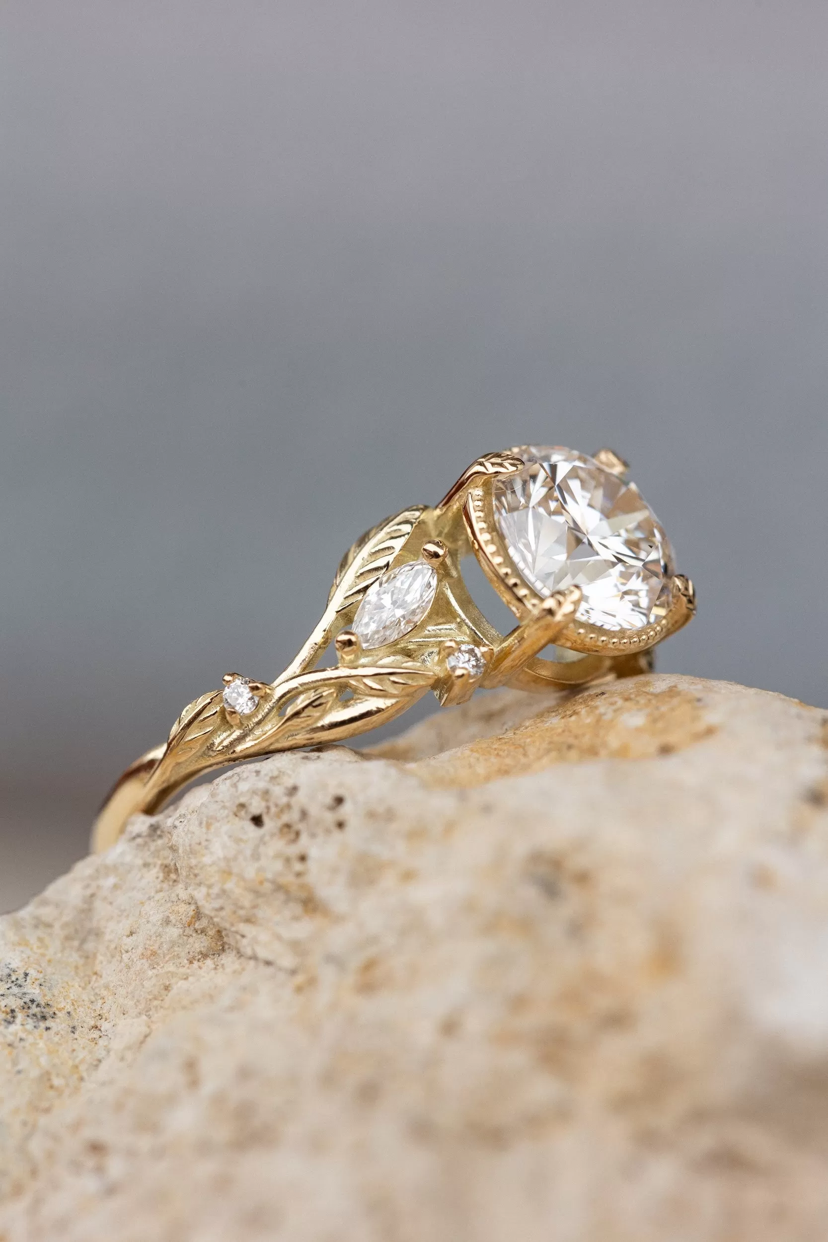 Lab grown diamond engagement ring, gold nature inspired ring with leaves and diamonds / Patricia