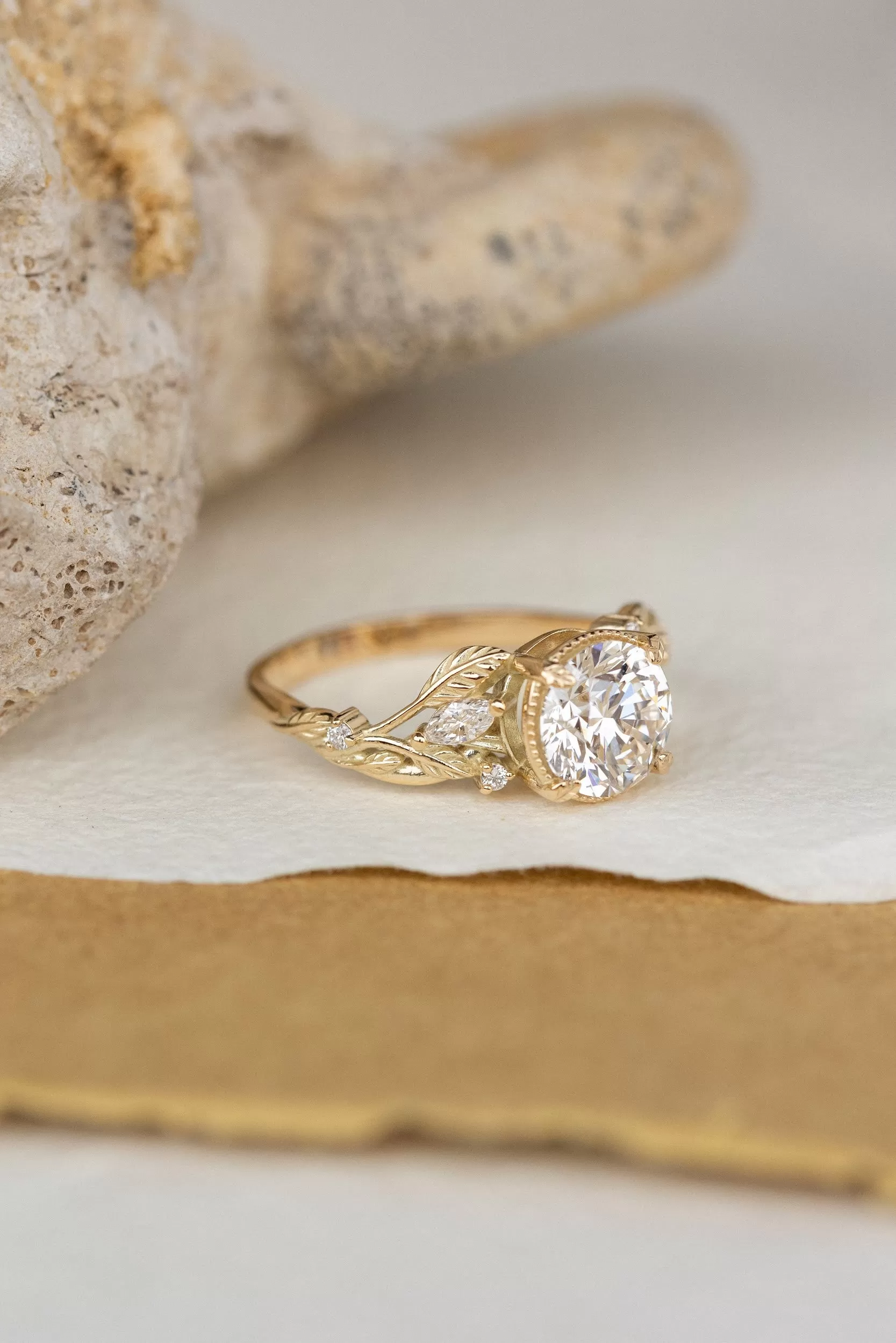 Lab grown diamond engagement ring, gold nature inspired ring with leaves and diamonds / Patricia