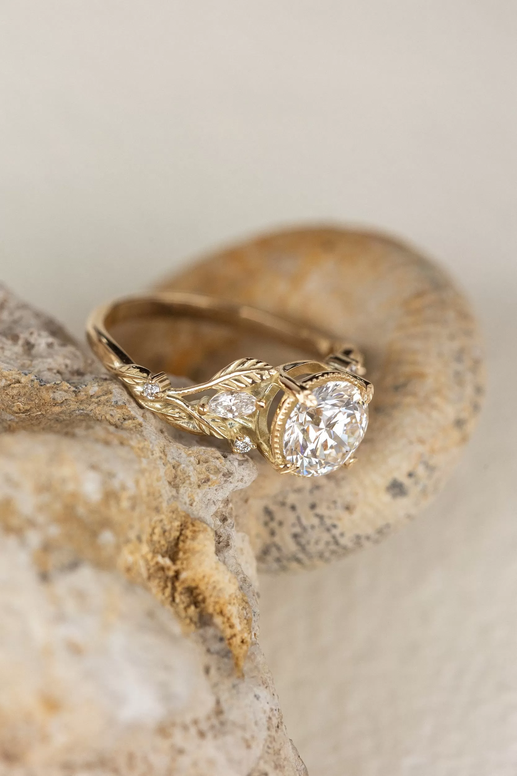 Lab grown diamond engagement ring, gold nature inspired ring with leaves and diamonds / Patricia