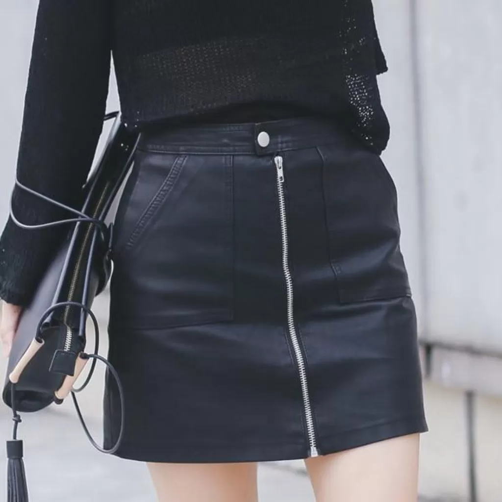 Leather Pockets Zipper A line Hip High Waist Sexy Mini Skirt