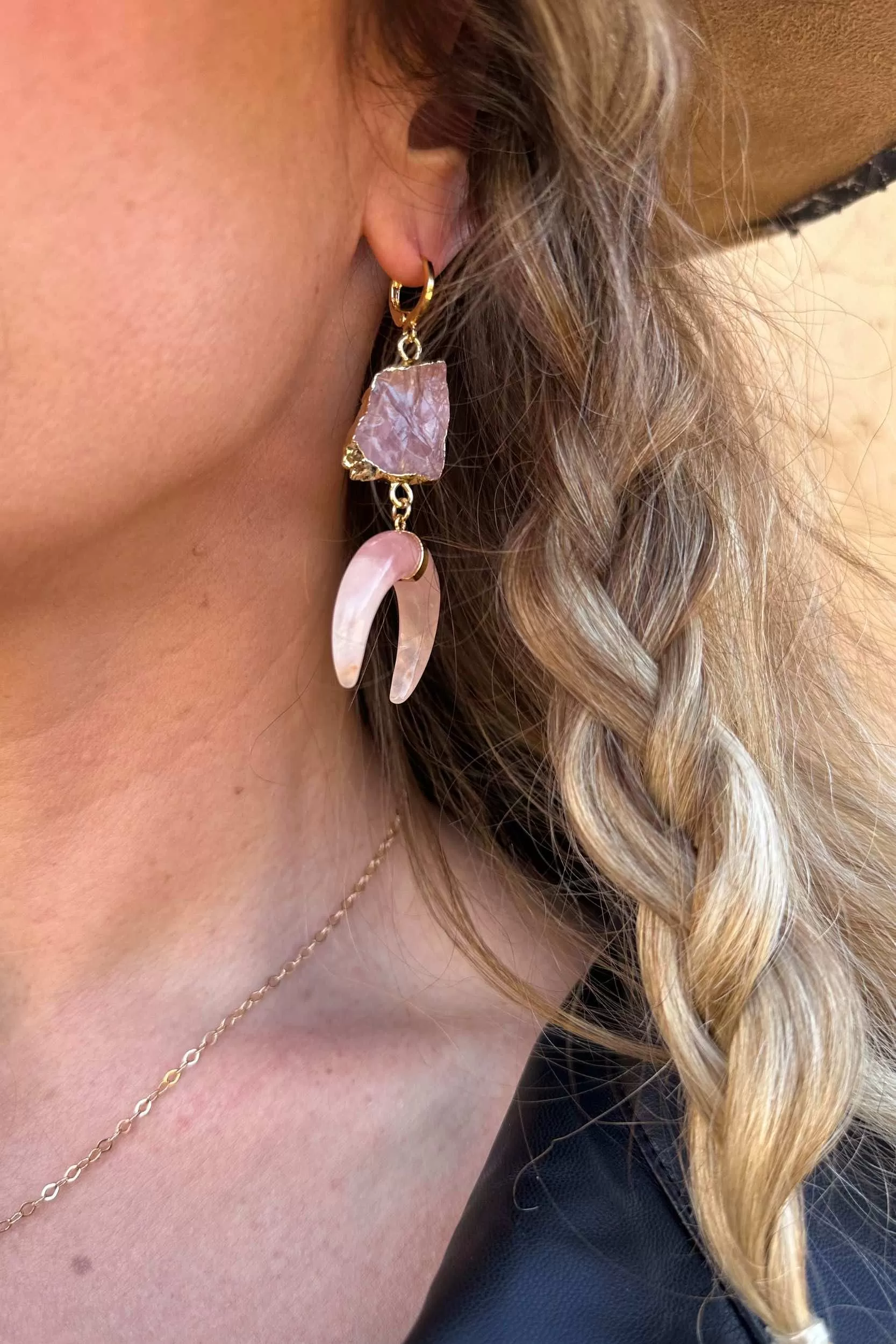 Love Warrior Rose Quartz Horn Earrings