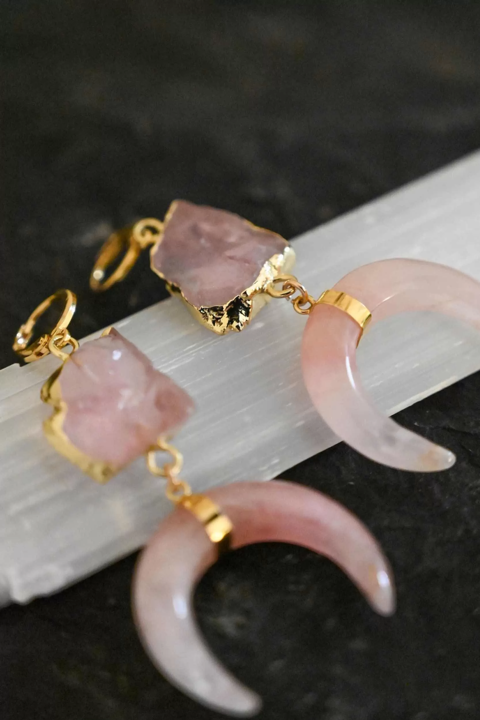 Love Warrior Rose Quartz Horn Earrings