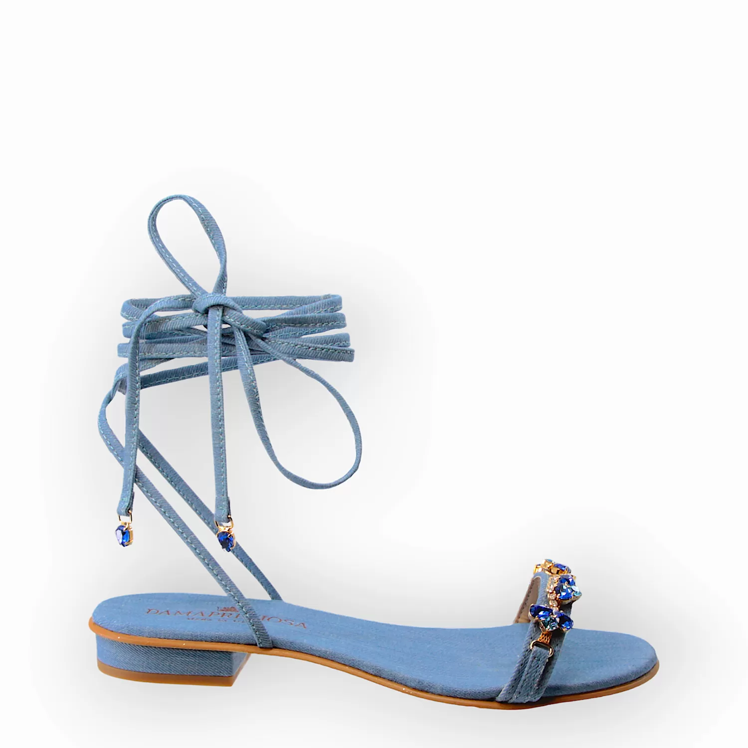 Lulù Light Blue Denim Lace-Up Flat Sandal With Sapphire crystal drops.